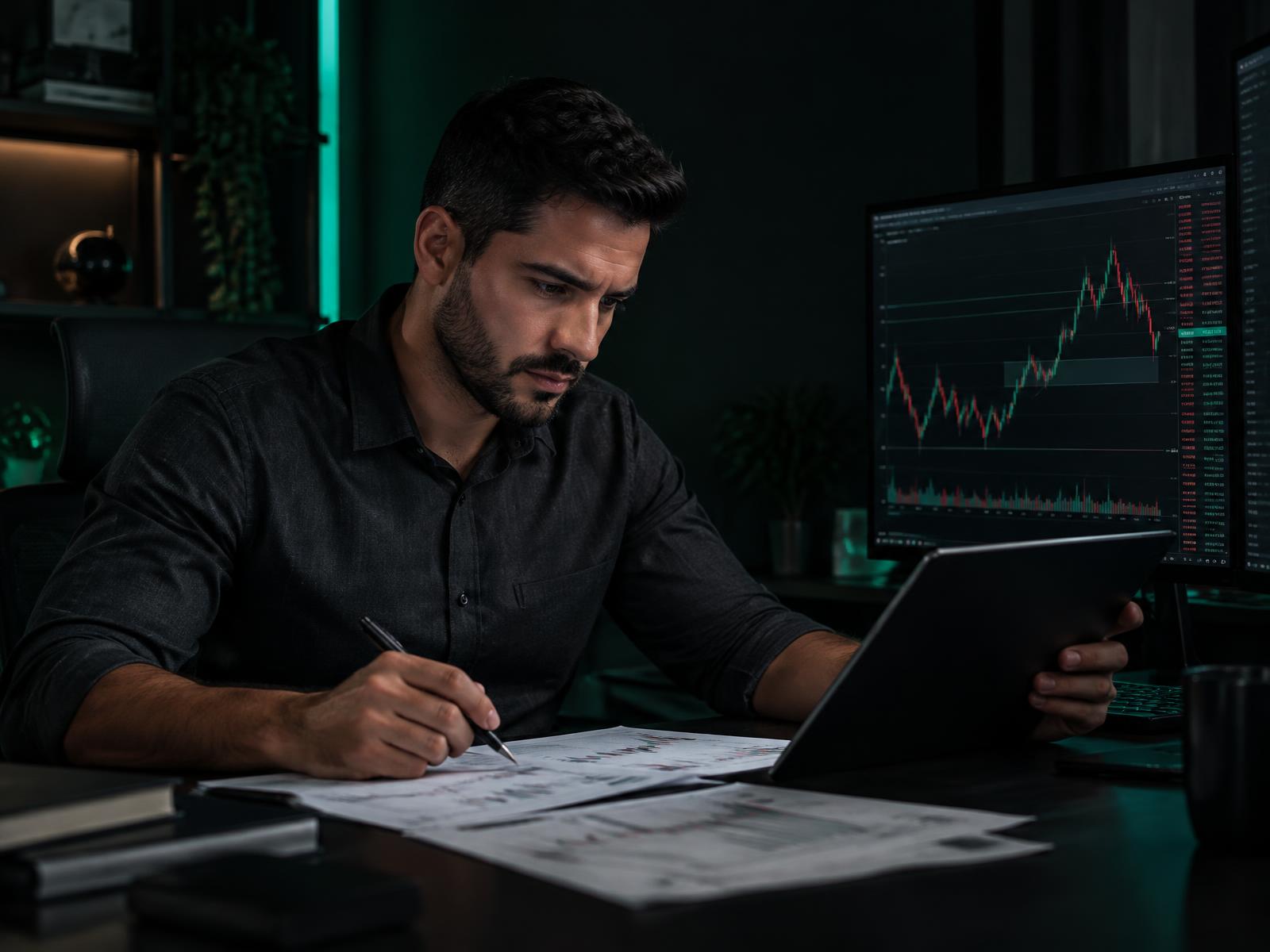 Trader estudando gráficos, anotações e critérios de análise